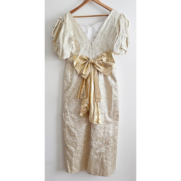 Handmade Dresses & Skirts - Vintage 80s Handmade Gold Brocade Cocktail Dress Puff Sleeve Statement Bow Back